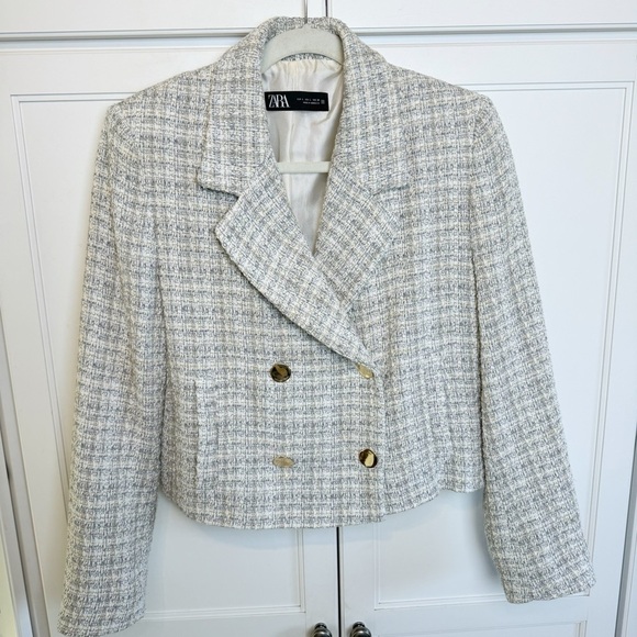 Zara Double Breasted Tweed Jacket Large Gray Texture Weave Crop Blazer Academia - Picture 5 of 16